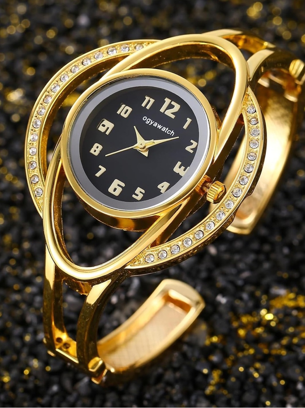 New Gold Bracelet Watch With Black Dial And Crystal Accents